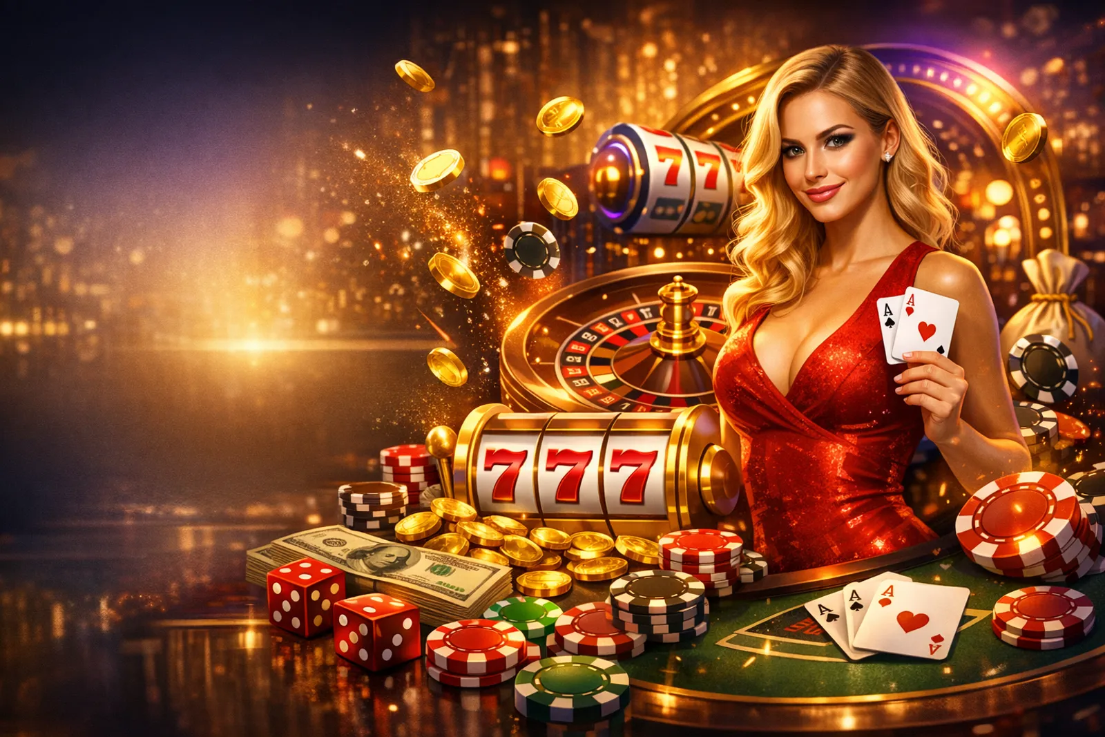 Cinematic online casino scene with slots, cards, chips, and roulette, leaving clean space for a call to action