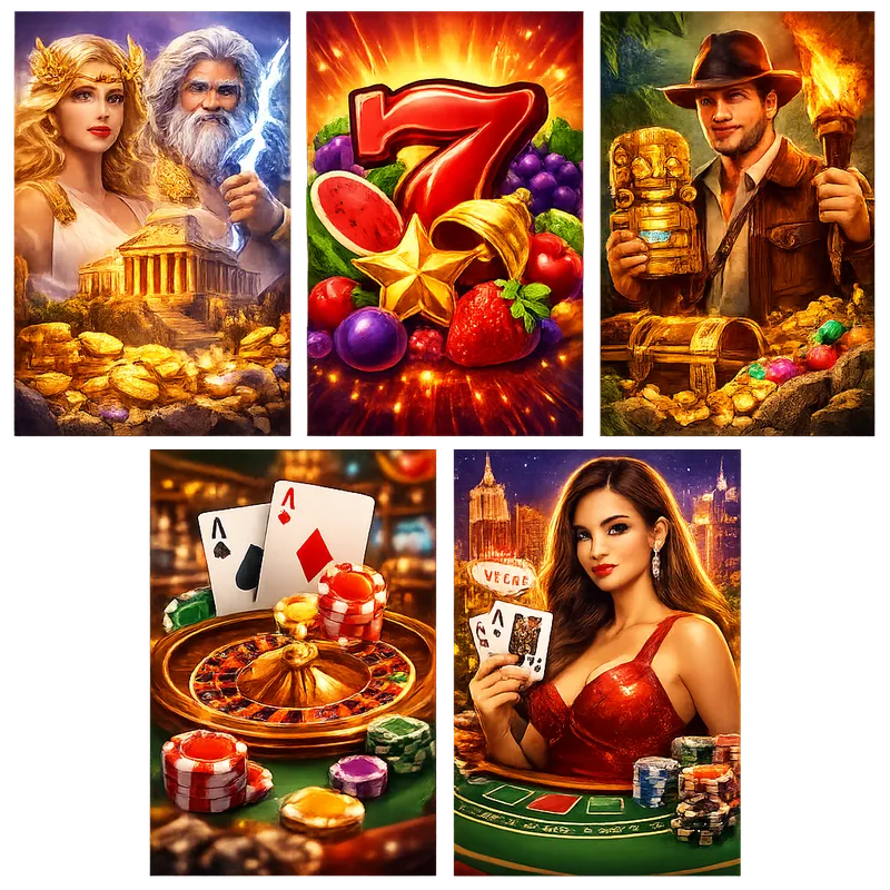 Five glossy Demo Casino game cover thumbnails featuring slots, blackjack, mythology, fruit and adventure themes