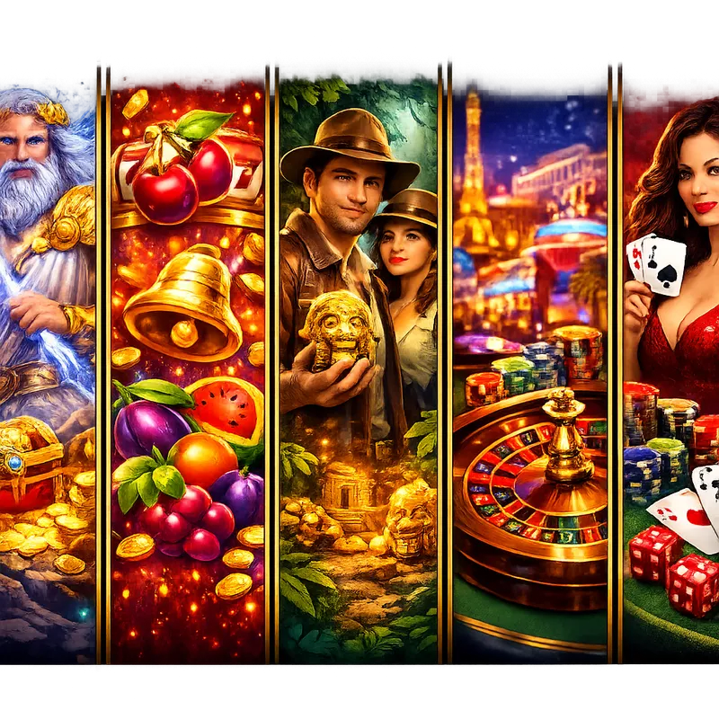 Five glossy casino game cover thumbnails featuring slots, blackjack, fruit, mythology, and adventure themes