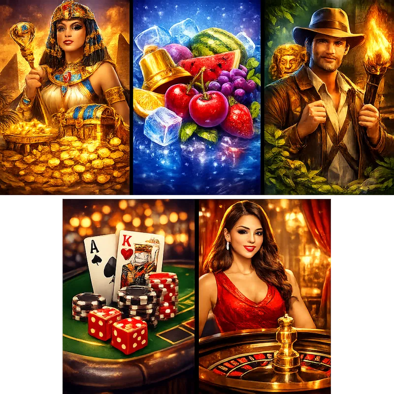 Five glossy Demo Casino game cover thumbnails featuring slots, blackjack, mythology, fruit, and adventure themes