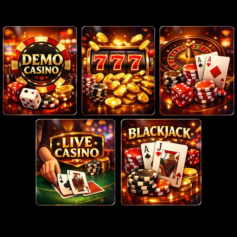 Five glossy Demo Casino offer cards with slots, table games, bonuses, and premium casino styling