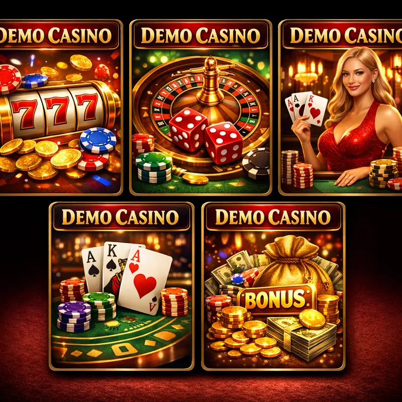 Five glossy Demo Casino offer cards featuring slots, blackjack, chips, and live casino themes