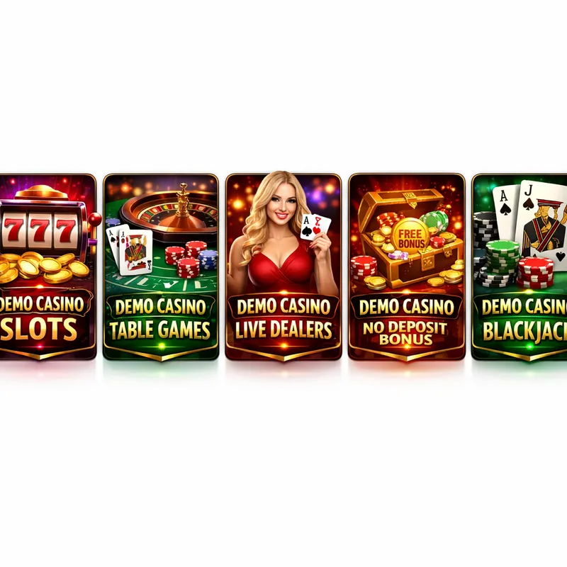 Five glossy Demo Casino offer cards with slots, blackjack, table games, bonuses, and fast payout themes