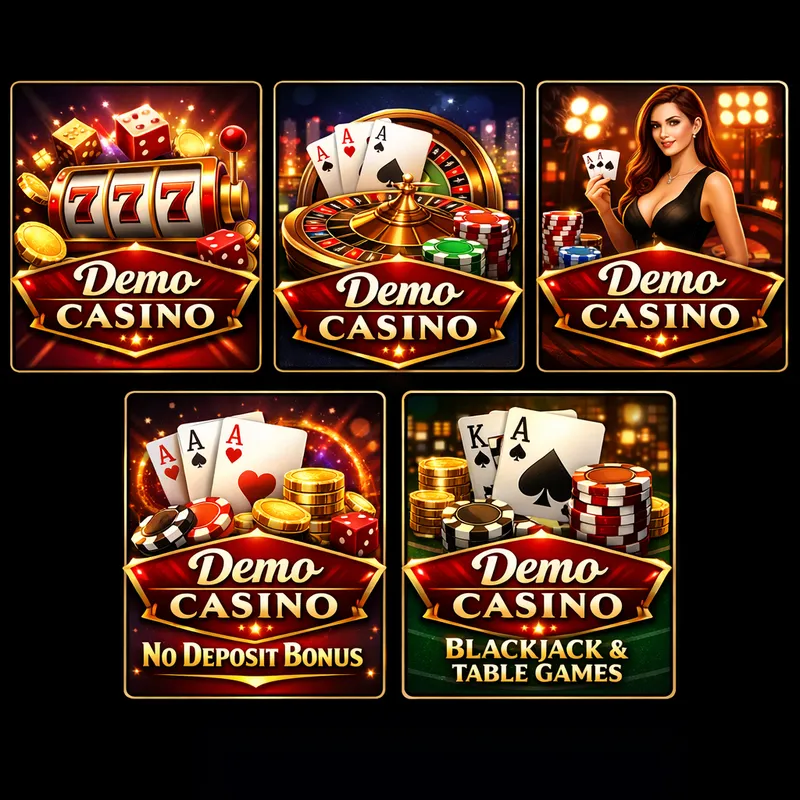 Five glossy Demo Casino offer cards with slots, blackjack, bonuses, fast payouts, and live casino themes