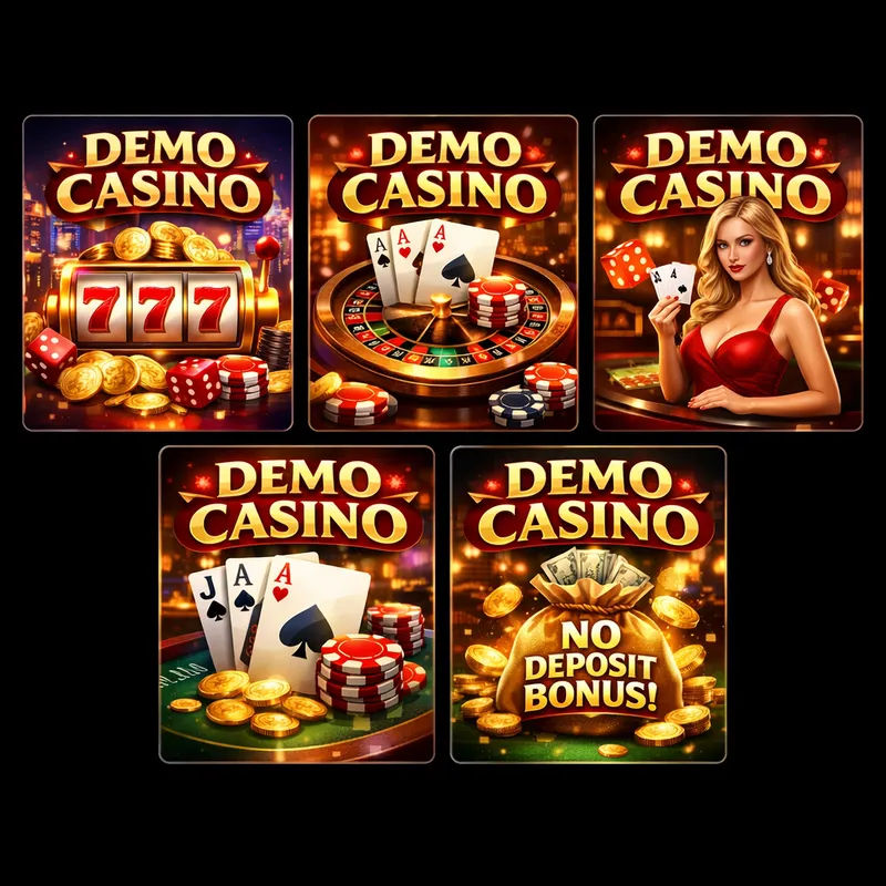 Five glossy Demo Casino offer cards with slots, blackjack, table games, bonuses, and fast payout themes
