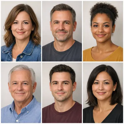 Six realistic head-and-shoulders avatar portraits of diverse adult reviewers on neutral backgrounds