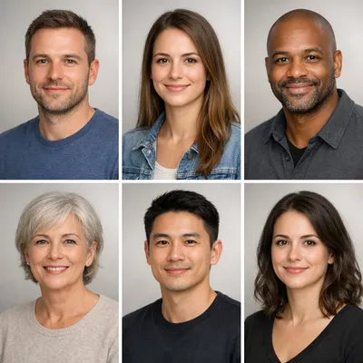 Six diverse realistic head-and-shoulders reviewer avatars on soft neutral backgrounds