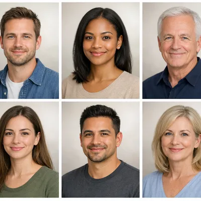 Six neutral head-and-shoulders avatar portraits of diverse adult reviewers on soft backgrounds