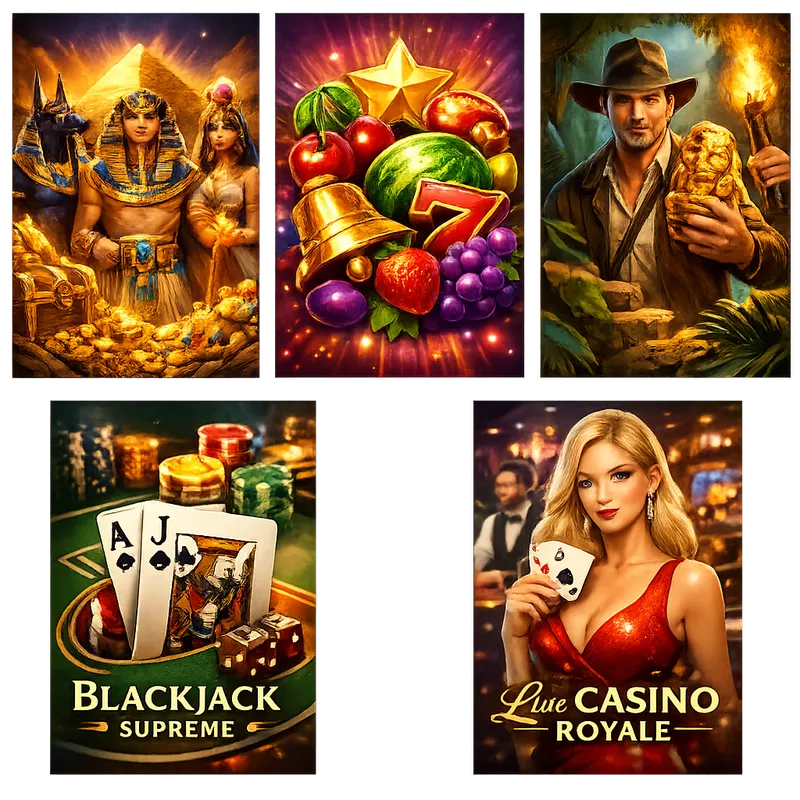 Five glossy Demo Casino game cover thumbnails featuring slots, blackjack, fruit, adventure, and mythology themes