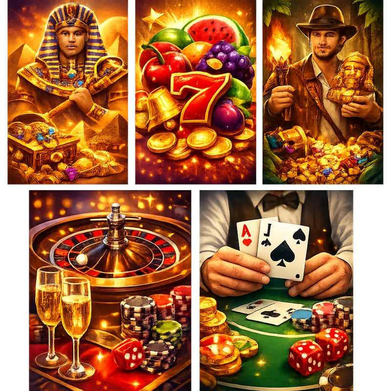 Five glossy casino game cover thumbnails featuring slots, blackjack, fruit, mythology, and adventure themes