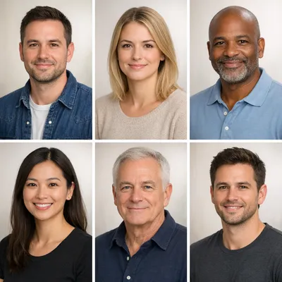 Six neutral realistic avatar portraits of diverse adult reviewers on soft backgrounds